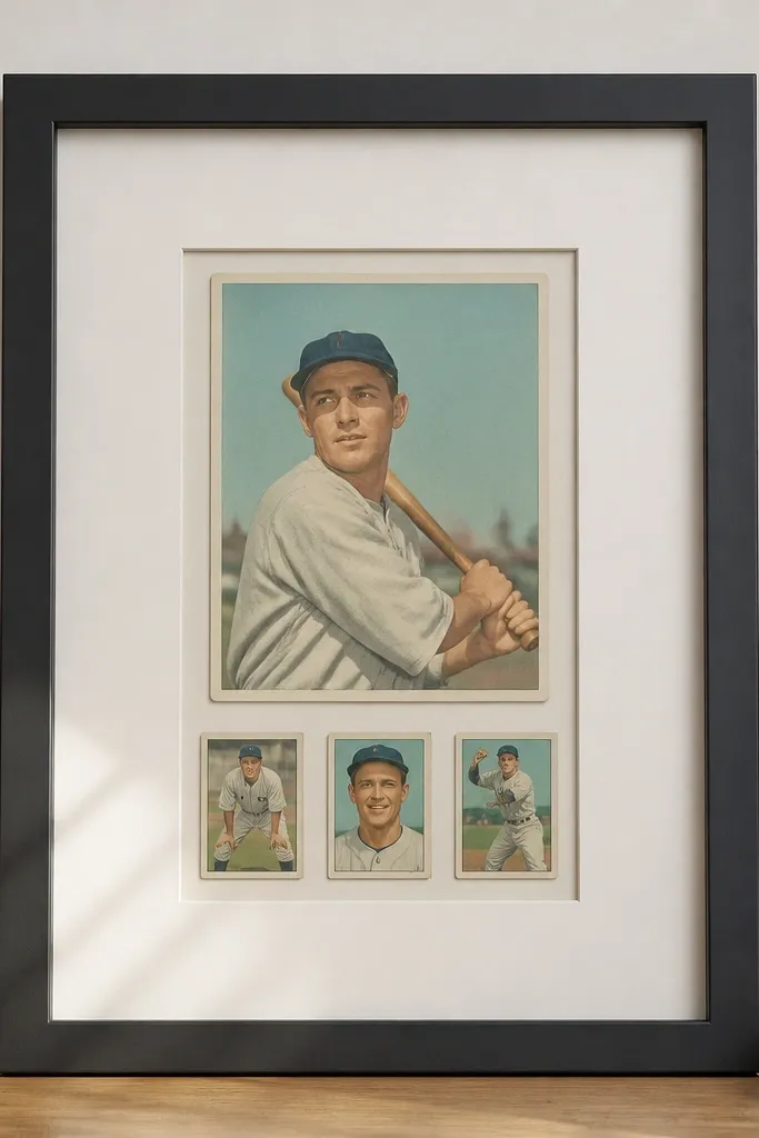 A large 18x24 frame with a thick but simple profile. Inside is a clean opening where a single card and a few smaller cards sit on a light backing. The display looks like a window into the card area.