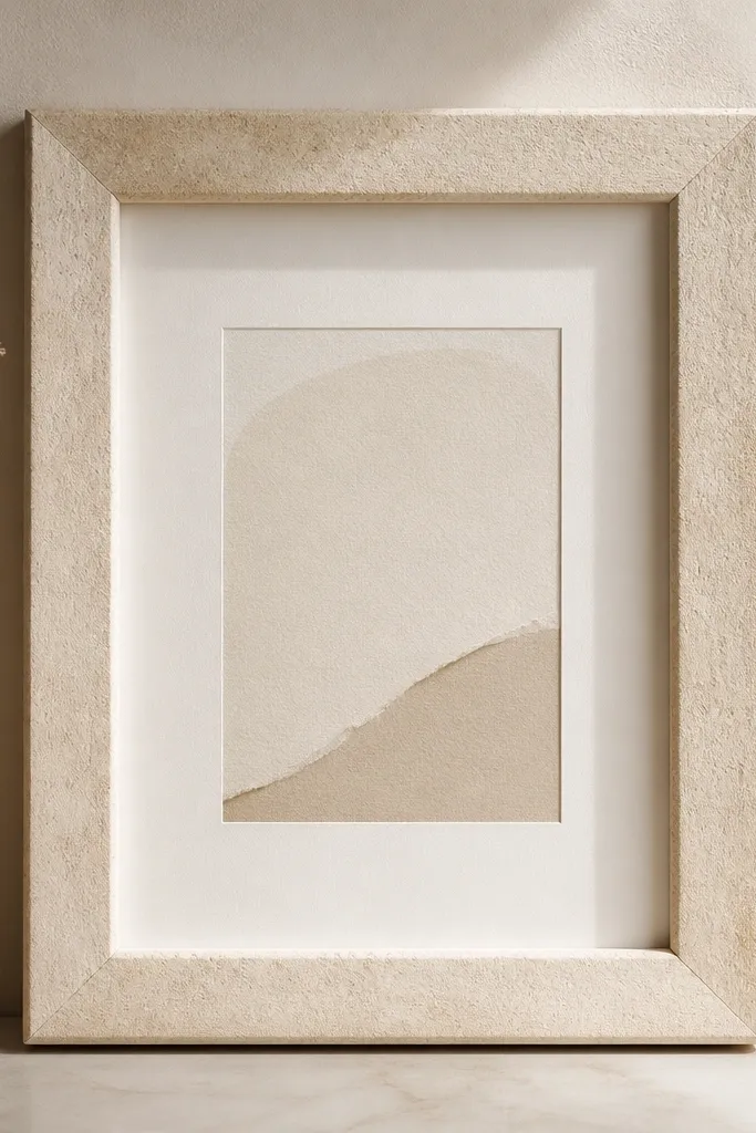 A frame with a soft sandstone or plaster-like texture in beige. Inside is a simple neutral mat and a card with minimal typography. The texture is visible on the frame edges and corners.
