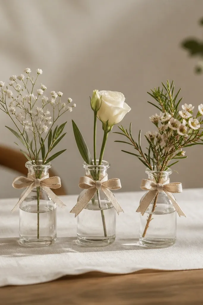 Three small clear glass bud vials set on a white linen runner, each vial wrapped around the neck with a thin strip of oat linen ribbon tied in a neat bow; tiny single stems peek above, with soft shadows on the table.