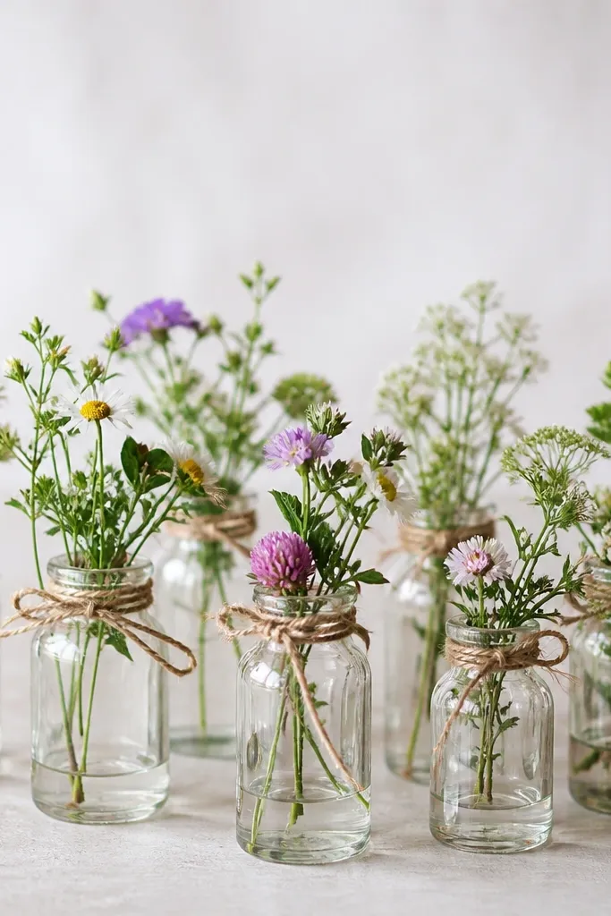 Several clear glass vials grouped in a staggered cluster, each tied at the neck with oat cotton twine; a few tiny wildflower stems and greenery sit at different heights but within a low band.