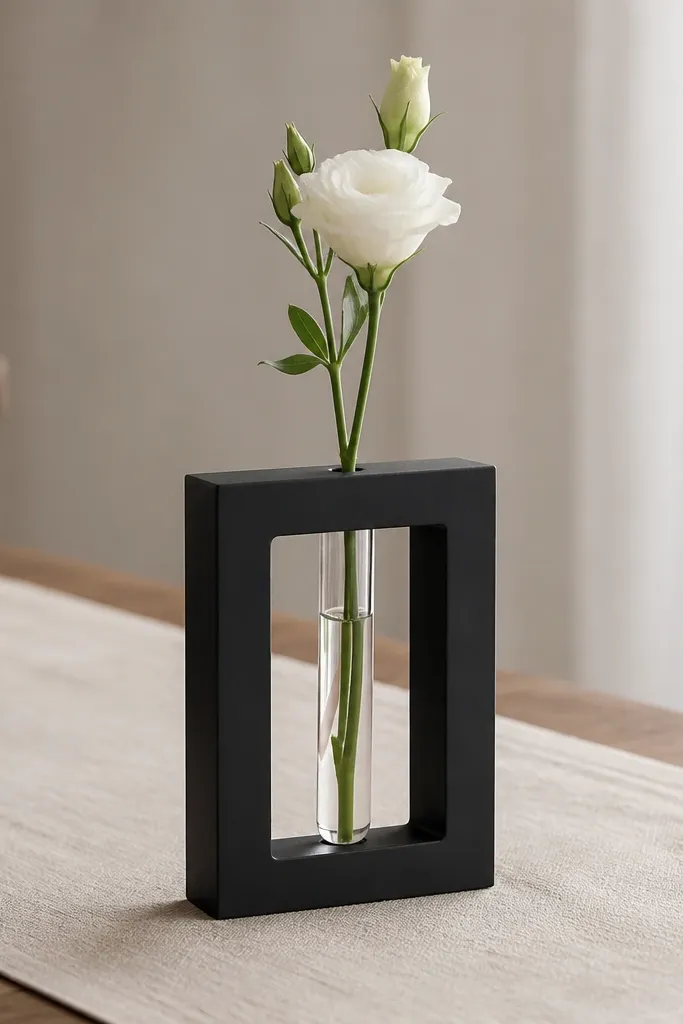 A small matte black picture frame set on a table, with a clear water tube inside holding one long white flower stem; the frame has a minimal opening and sits on a neutral runner.