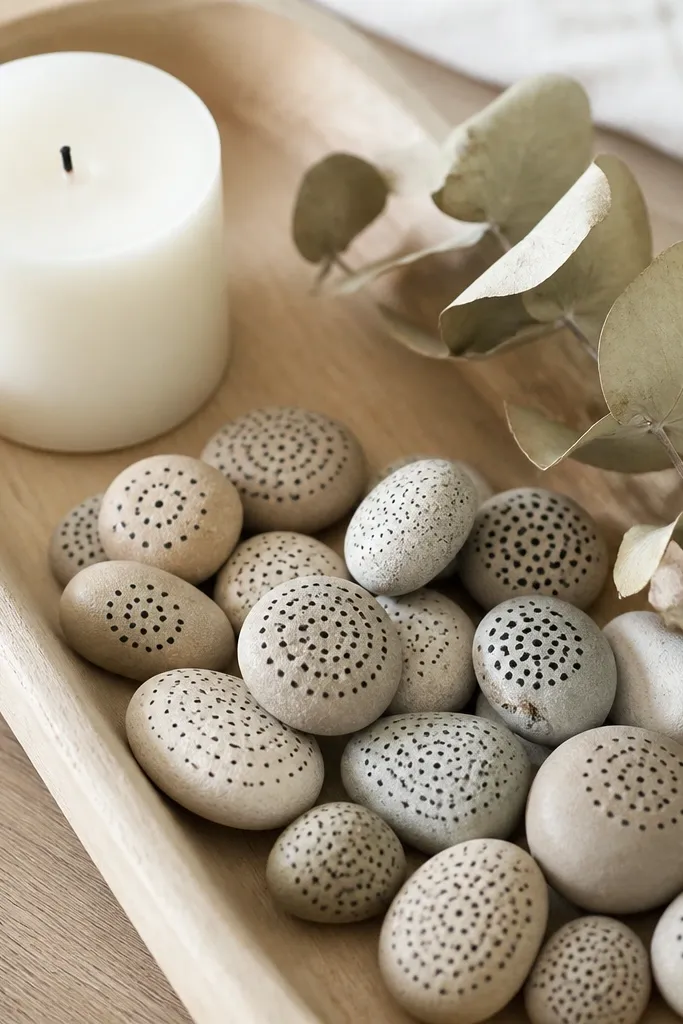 A scattering of small smooth pebbles painted with tiny black ink dots, placed in a shallow tray with a single white candle at one end and a few dried eucalyptus leaves.