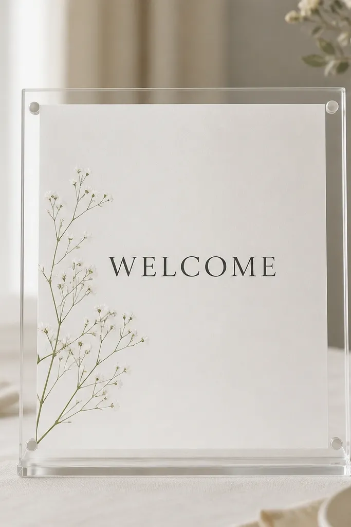 A rectangular welcome sign printed on thick white paper, displayed inside a simple clear acrylic frame. Thin white floral sprigs run diagonally from the bottom left to just above the word WELCOME. The typography is minimal and centered.