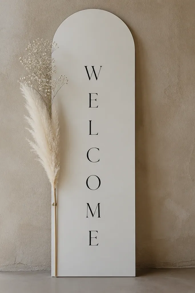 A tall, slim welcome sign with a single pampas grass stem tucked beside it. The pampas plume is off-white, and tiny baby's breath sprigs sit at the top of the stem. The text is black and minimal.