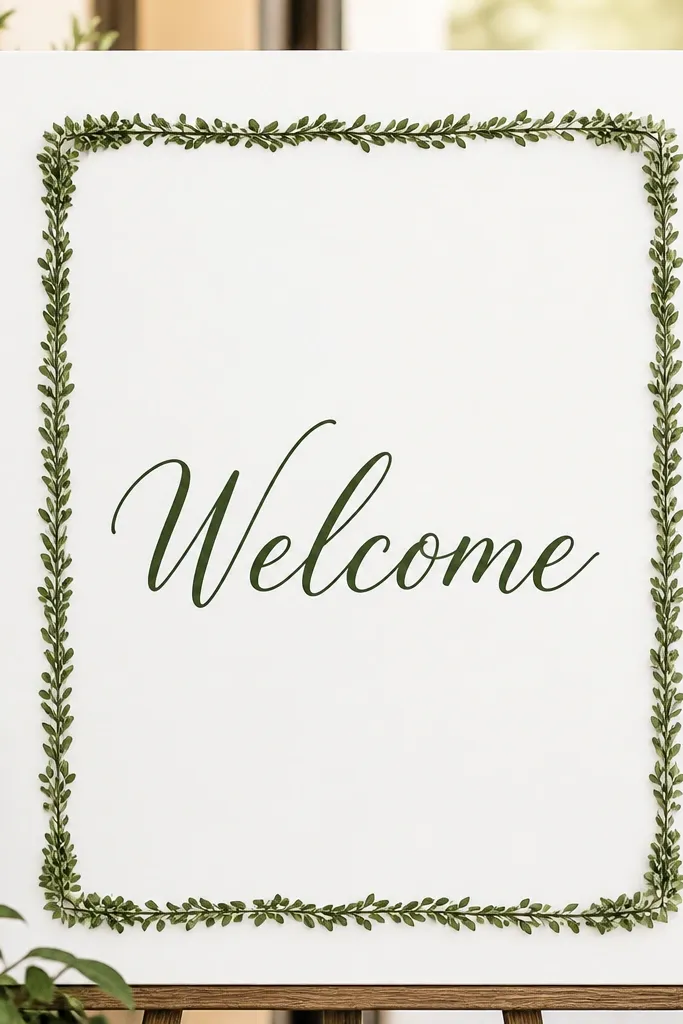 A simple white welcome sign with a thin border made from boxwood-like greenery. The border sits close to the edges, with micro leaves and no visible flower petals. The typography is centered and dark green.