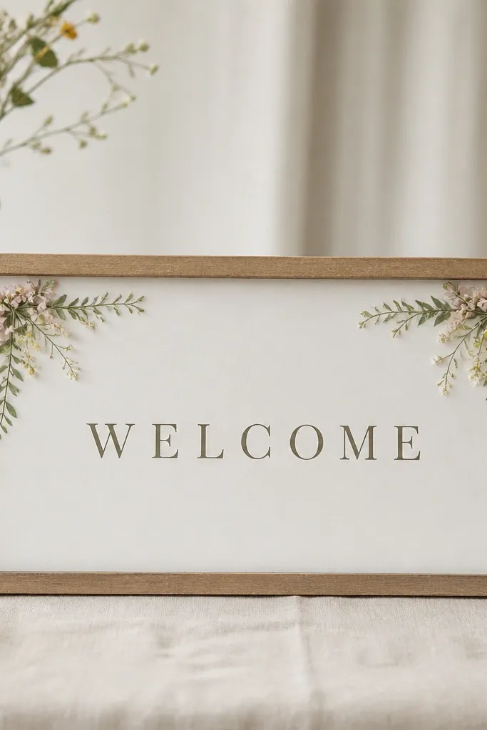 A welcome sign resting on a cream linen runner on a table. Only the top corners have small wildflower sprigs in muted colors - pale yellow, soft pink, and light green. The text is centered and simple.
