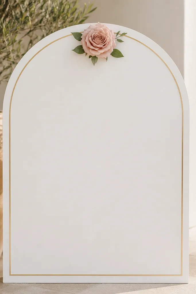 An arch-top welcome sign with a thin gold outline. A single blush rose sits centered below the arch curve. The rest of the sign is empty with clean black lettering.