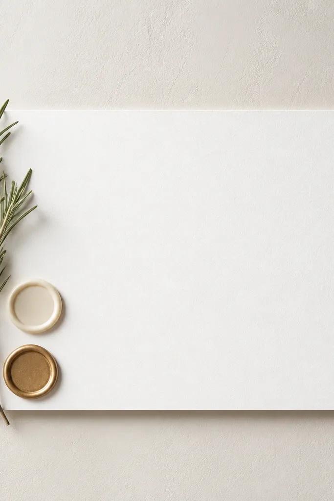 A white sign with black text. On the left side are thin rosemary sprigs and two small circular accents that look like wax seal stickers. The overall style is clean and minimal.