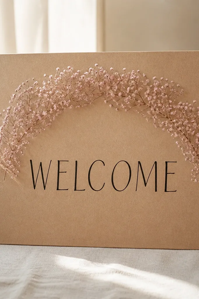 A kraft paper welcome sign with black ink calligraphy. A blush baby's breath halo sits behind the word WELCOME, like a soft semicircle. No other flowers appear.
