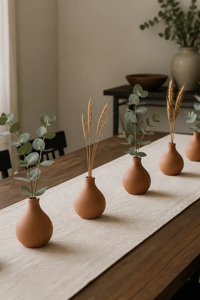 A long cream linen table runner with terracotta bud vases spaced evenly; each vase holds a single stem of eucalyptus or wheat, with black taper candles in short holders at the ends.