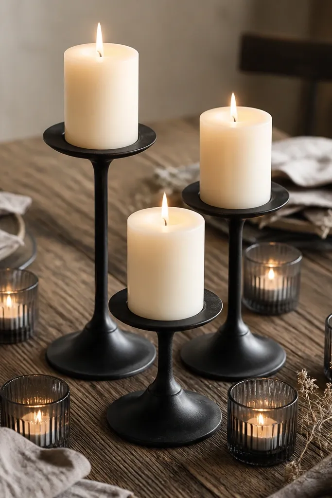 Three black iron candle holders holding thick cream candles, each surrounded by small smoked glass votives; the background shows a rustic wood table and muted napkins.