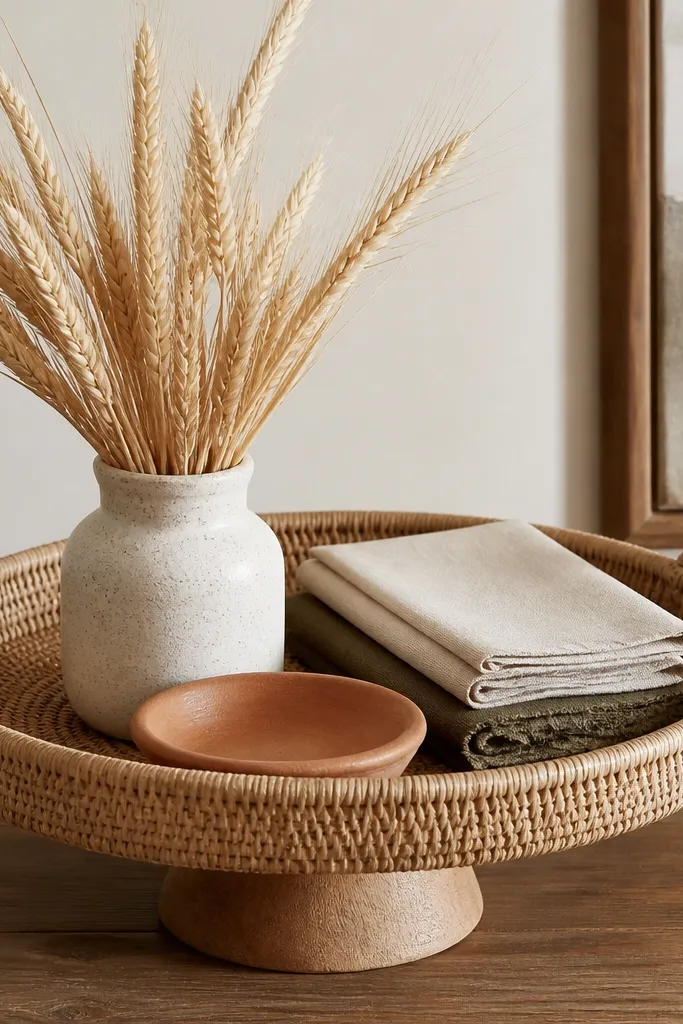 A woven rattan tray on a wooden pedestal holding a small arrangement of dried wheat, a terracotta dish, and two folded napkins.