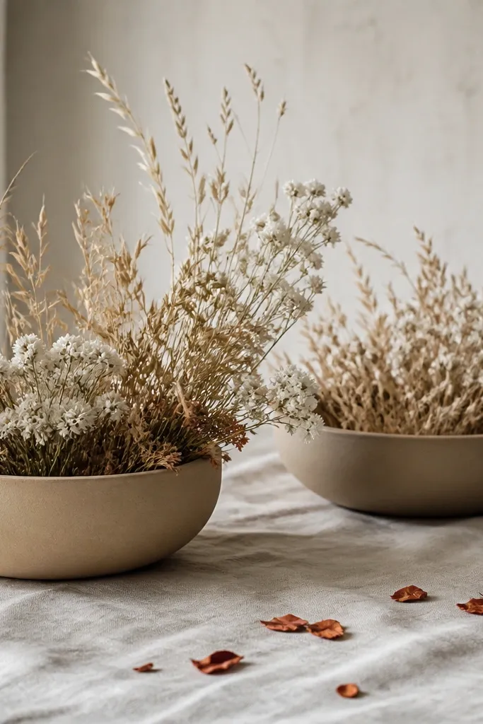 Matte clay bowls filled with dried grasses and small white dried blooms, placed on a cream tablecloth with a few scattered rust petals.