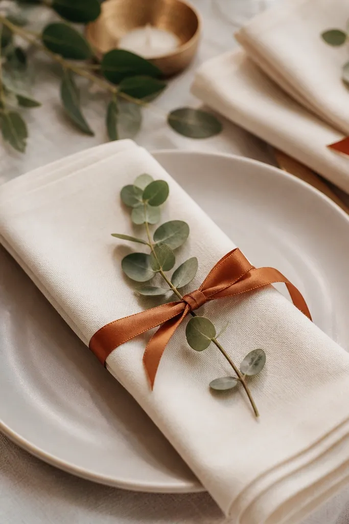 Cream folded napkins tied with rust ribbon, each with a small eucalyptus sprig tucked in or tied to the napkin ring.