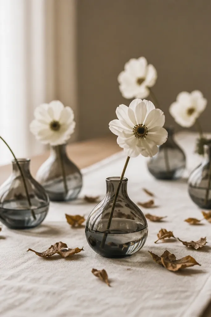 Smoked glass bud vases holding one white flower each, placed on a cream runner with scattered dried leaves.