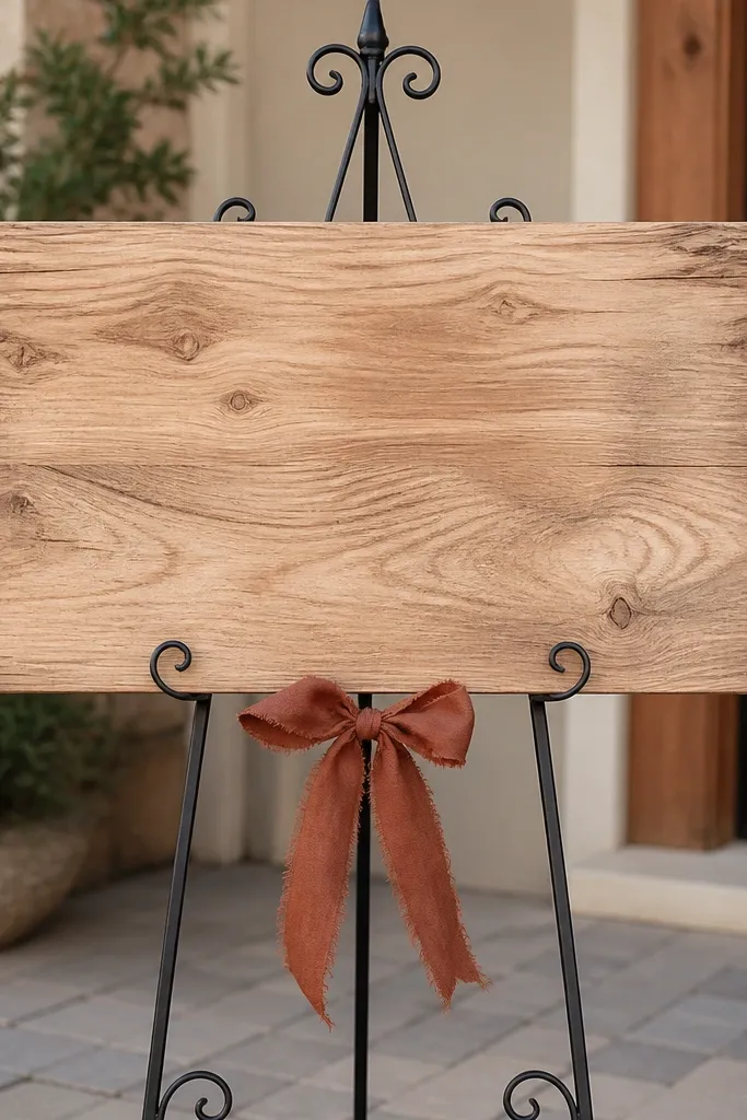 A rectangular wood slab welcome sign on a black iron easel, with clean black lettering and a small rust ribbon tied to the bottom.