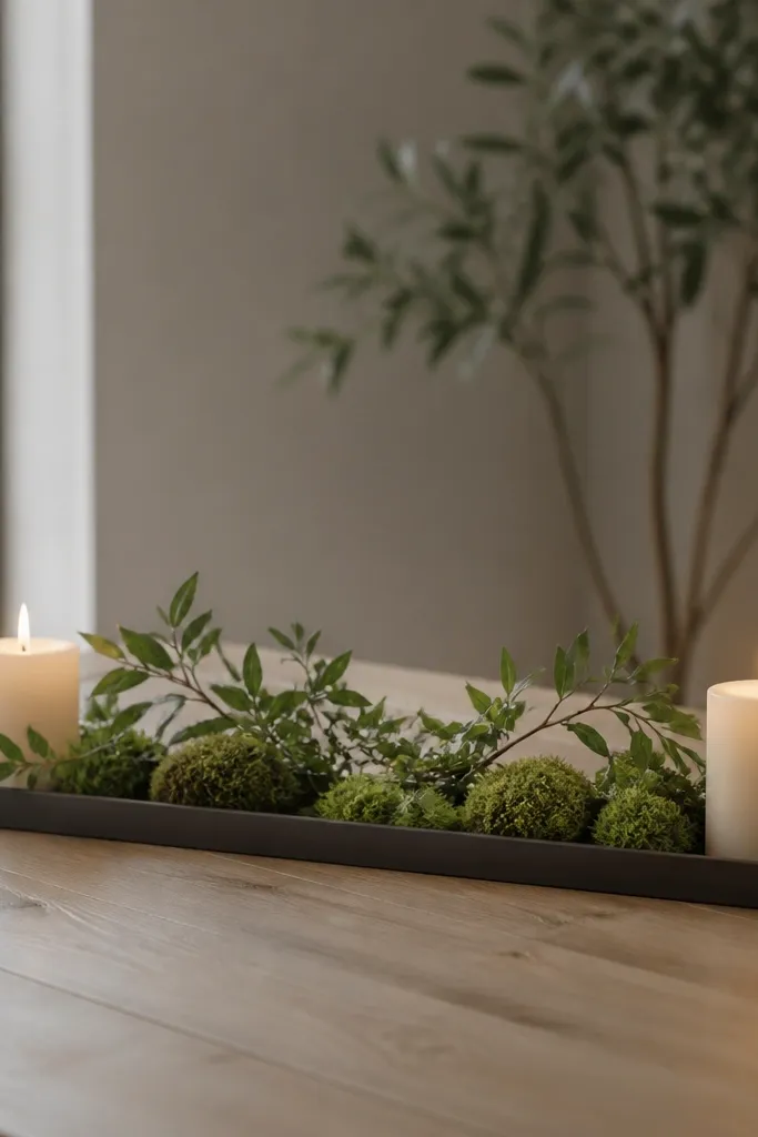 A low rectangular tray on a table holding a thin line of greenery and small moss clumps, with two cream candles at the ends.