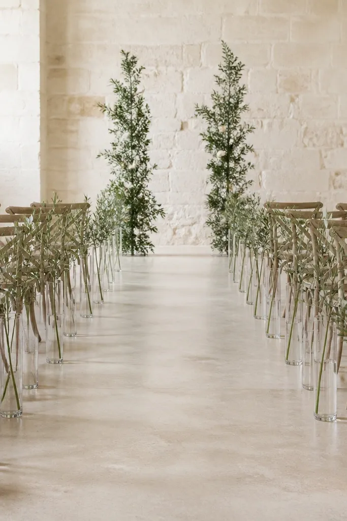 A straight line of slim vases along the aisle, each with one stem of greenery, with cream candles on the floor at the ends.