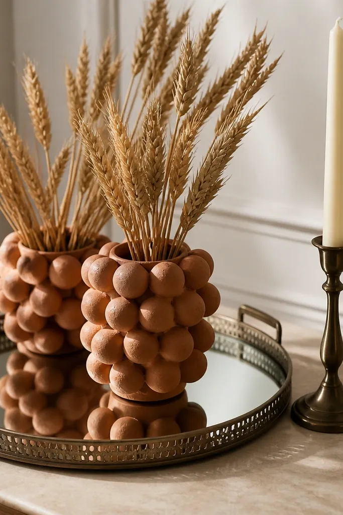 A mirrored tray on a table with terracotta bud clusters holding dried wheat; cream taper candles sit beside the tray.