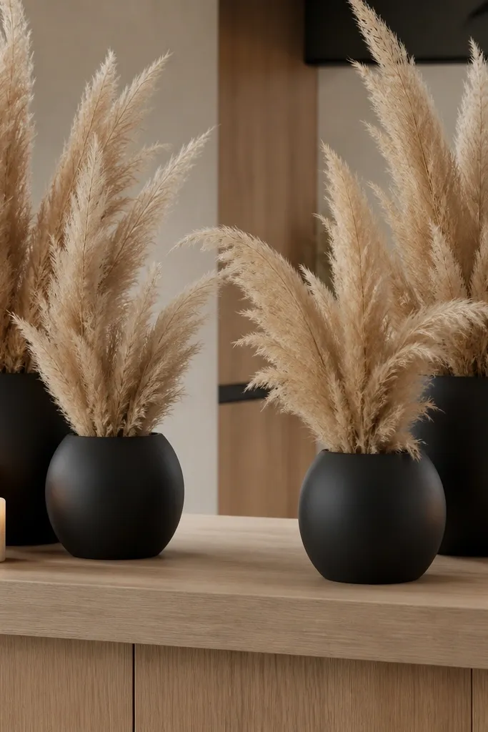 Matte black planters with pampas grass plumes arranged in pairs on a reception table, with cream candles nearby.
