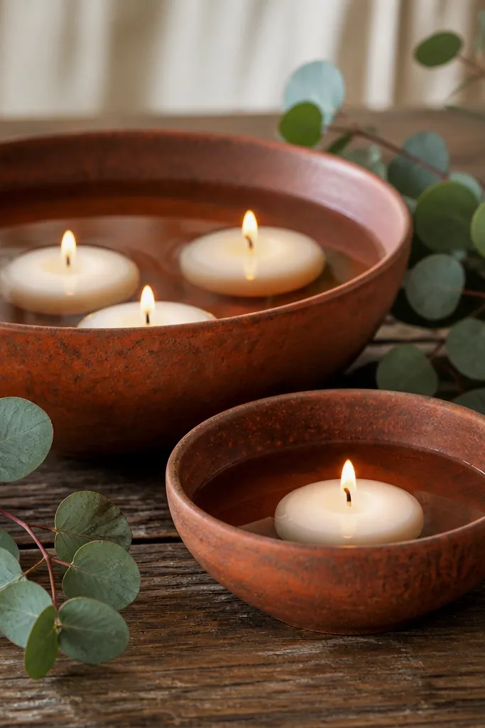 Rust terracotta bowls filled with water and floating cream candles, placed on a wooden table with scattered eucalyptus leaves.