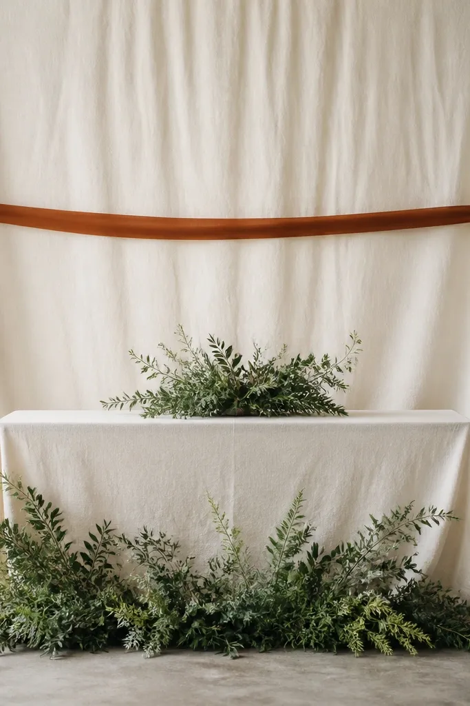 A draped cream linen backdrop behind the ceremony table with a single rust ribbon stretched horizontally; a simple arrangement of greenery sits at the bottom.