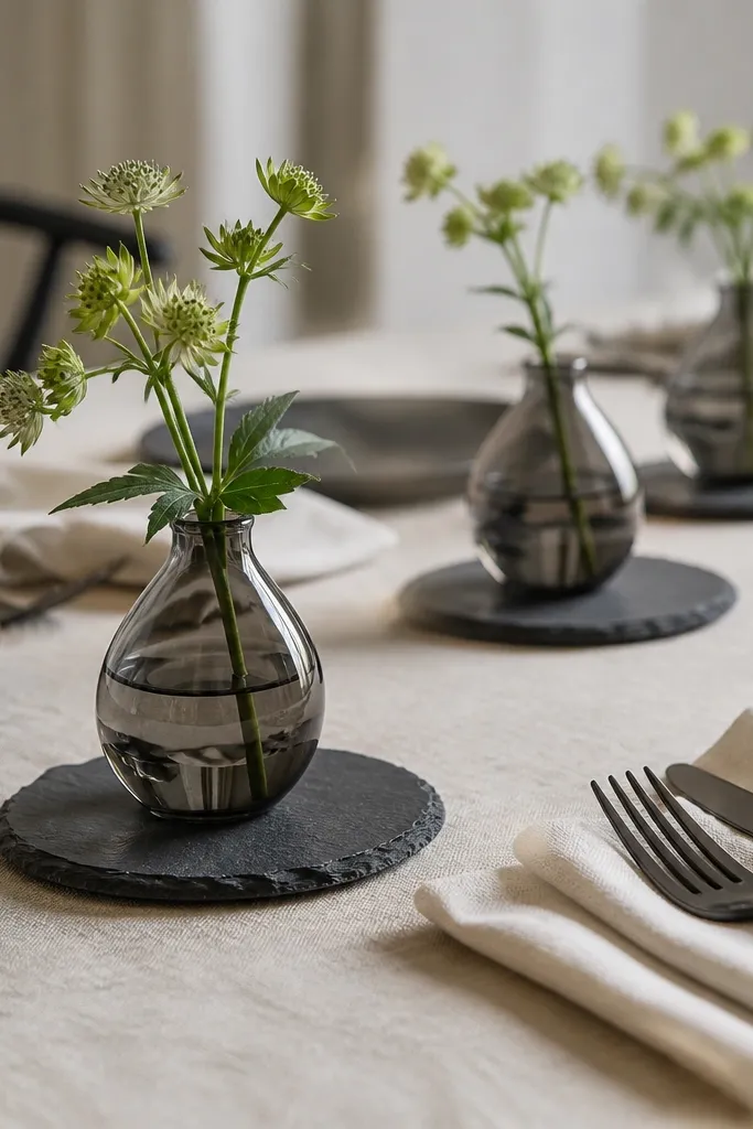 Smoked glass bud vases sitting on dark slate coasters, each with a pale green stem; cream napkins and black cutlery sit nearby.