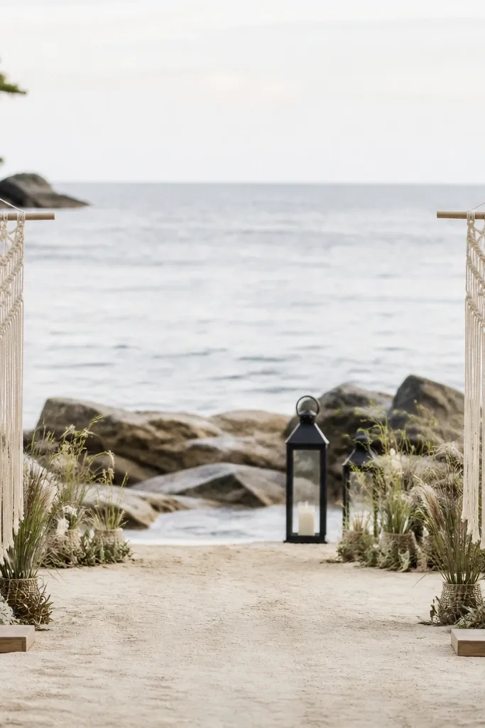 A sand ceremony area with two macramé knot markers on either side of a path, and one tall lantern in a matte black finish near the aisle end.