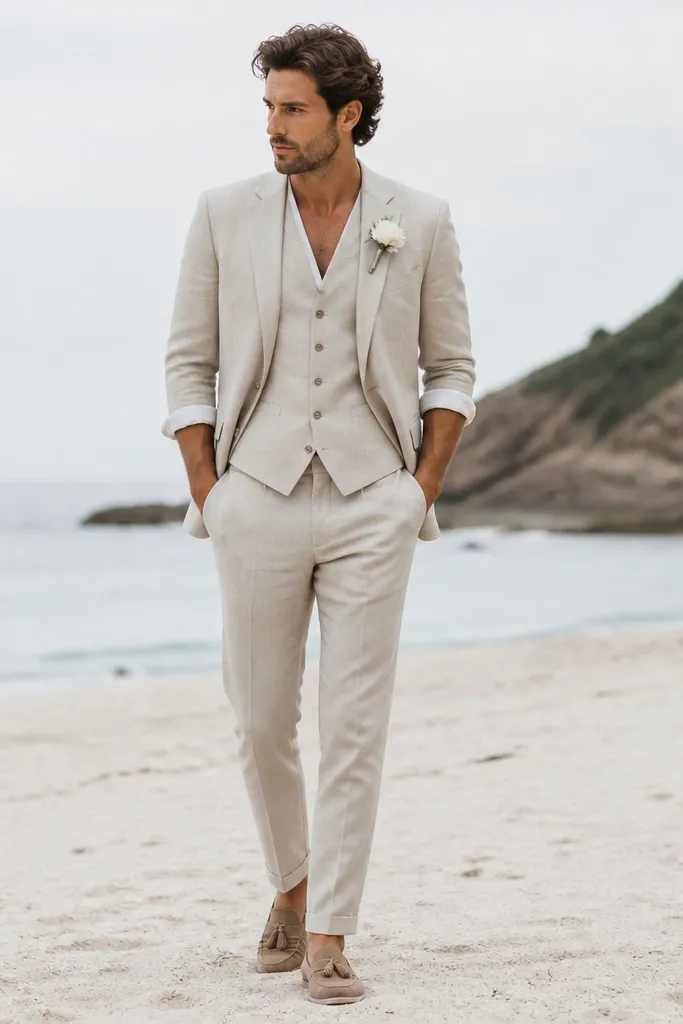 A groom wearing a modern two-piece suit with a longline vest, rolled sleeves, and tan suede loafers on sand with a simple white boutonniere.