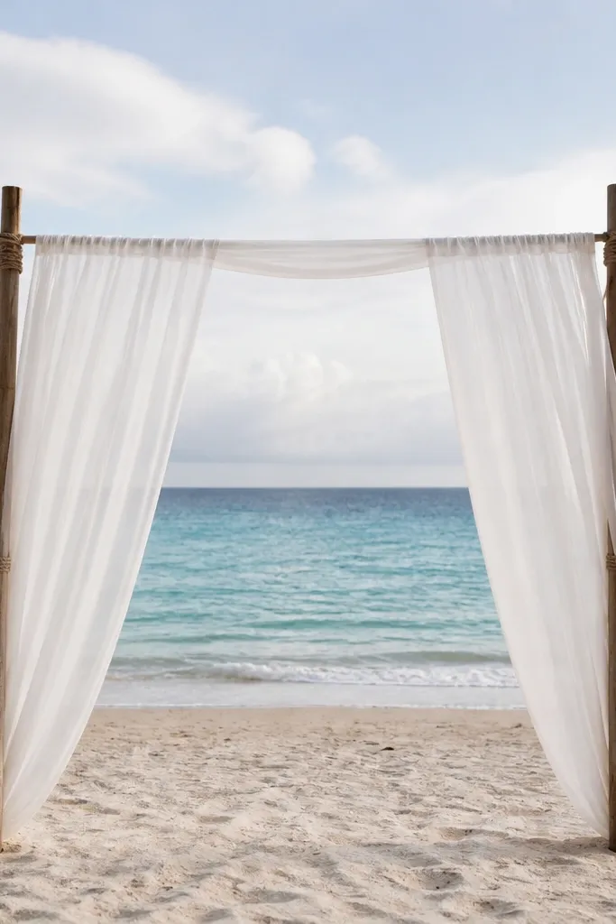 A simple beach photo backdrop made from two anchored poles with long white linen drapes hanging down, lightly gathered at the top.