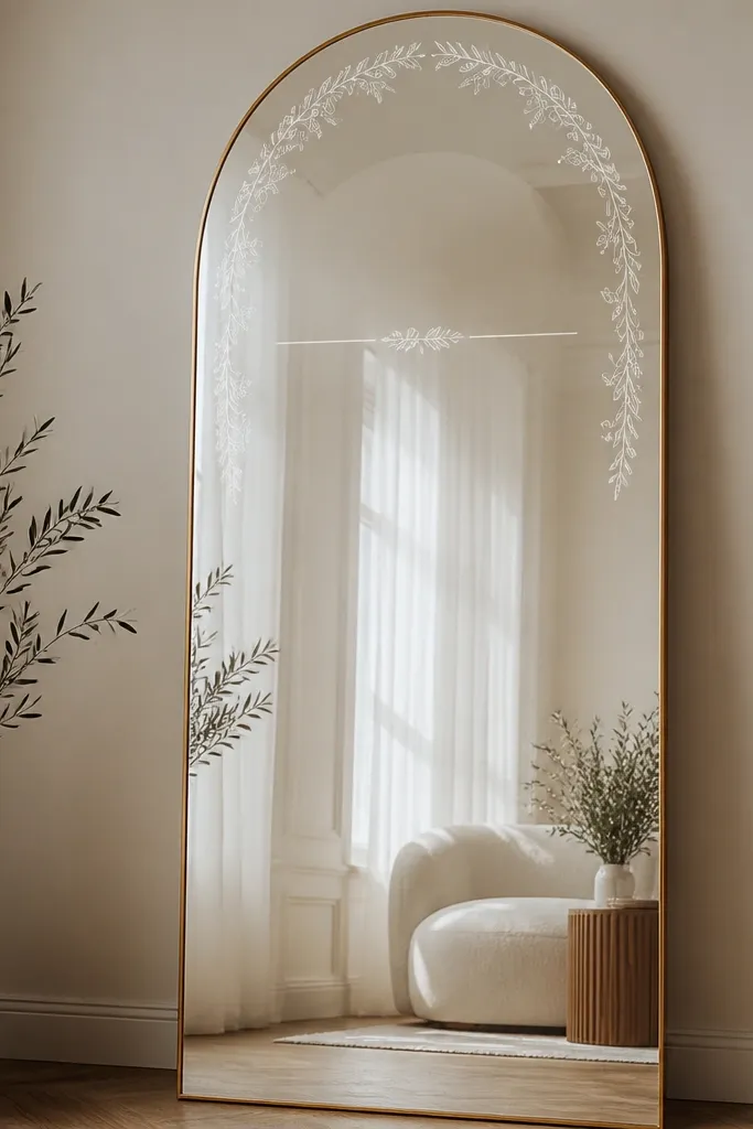 An arched full-length mirror with a frosted white vinyl name header in the center, small script below, and a thin border of olive sprigs tucked along the top edge and sides.