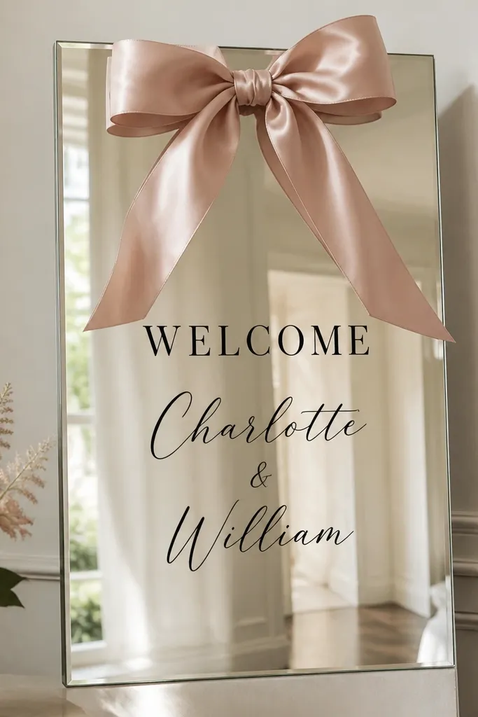 A rectangular clear mirror with bold matte black lettering reading 'Welcome' and names, plus a large blush satin bow tied at the top center with two ribbon tails.