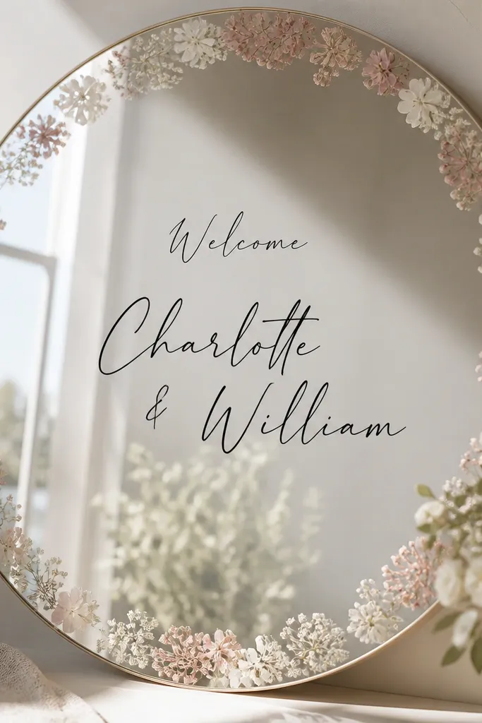 A round mirror with a thin border of pressed white and pale pink flowers around the outside edge, with small minimalist script 'Welcome' and names in black in the center.
