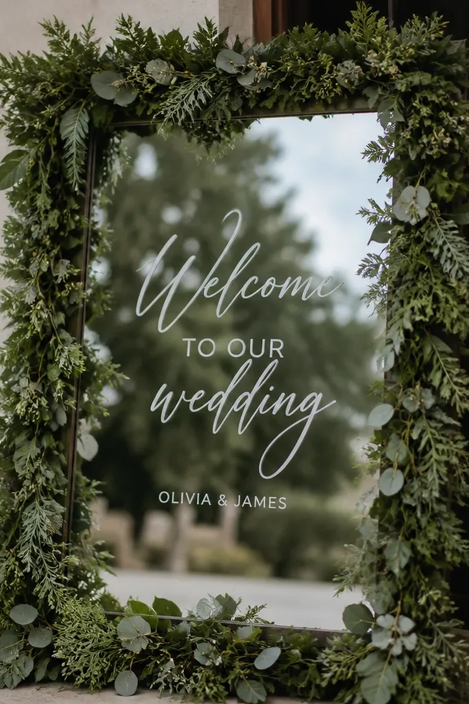A rectangular mirror with a dense layered greenery frame around it, and frosted film text reading 'Welcome to our wedding' in white, with names in a smaller font underneath.