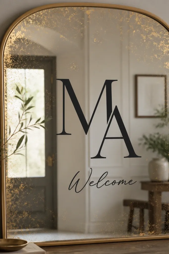 A mirror with big vinyl monogram initials centered, and a smaller handwritten-style 'Welcome' line below, with subtle gold flecks as decoration.