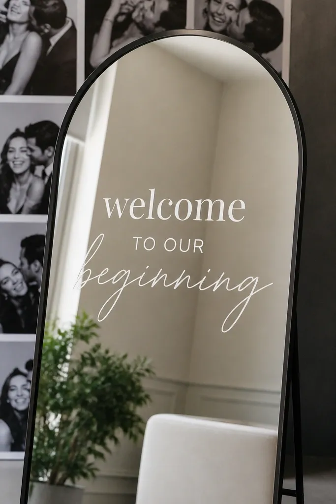 A clear mirror sign with a black-and-white photo strip backdrop behind it, showing the welcome text in white vinyl, with a thin black frame around the mirror.