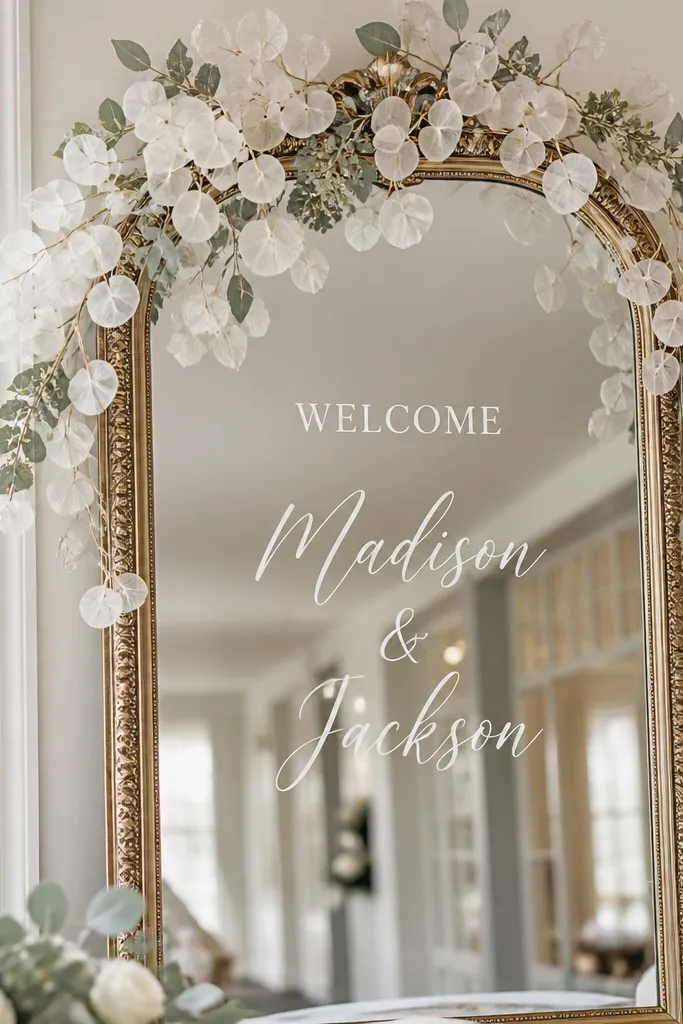 A bright white-lettered mirror with 'Welcome' in white vinyl and names in white script, framed by a sheer off-white eucalyptus-like garland draped along the top.
