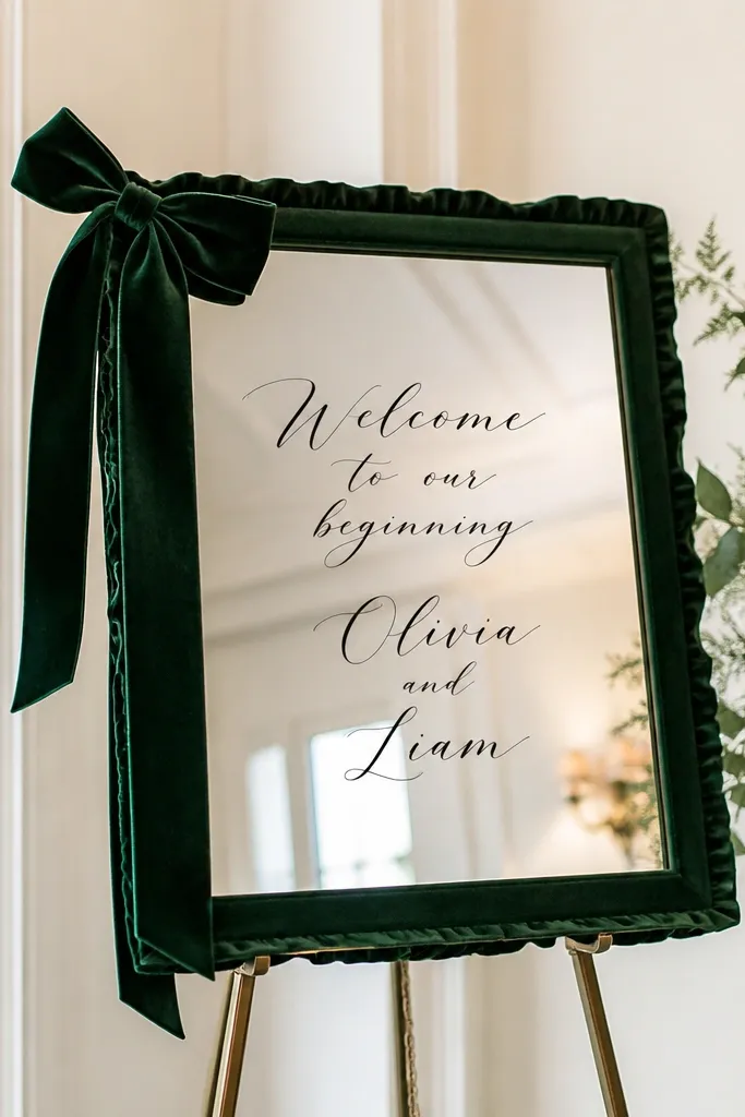 A mirrored acrylic panel framed with deep green velvet ribbon, with calligraphy-style 'Welcome' and names in black ink on the center.