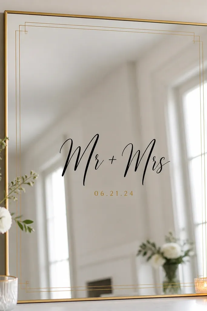 A simple rectangular mirror with a thin gold line art frame around the edges, and 'Mr + Mrs' in black vinyl centered, with a tiny date in gold below.