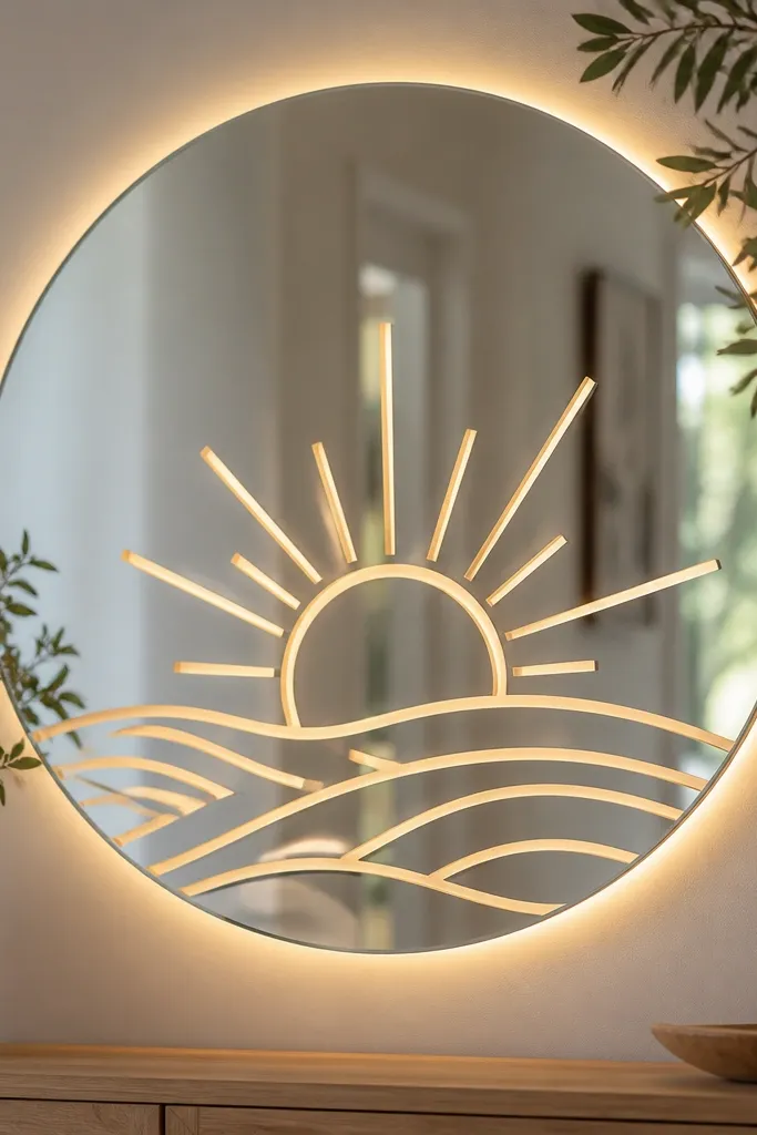 A mirror with vinyl lettering, and a soft warm LED glow behind the letters, plus minimal greenery at the corners.