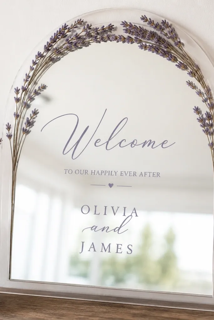 A mirror with a clear acrylic frame outline, dried lavender sprigs tucked along the top, and lavender-gray text spelling 'Welcome' and names.