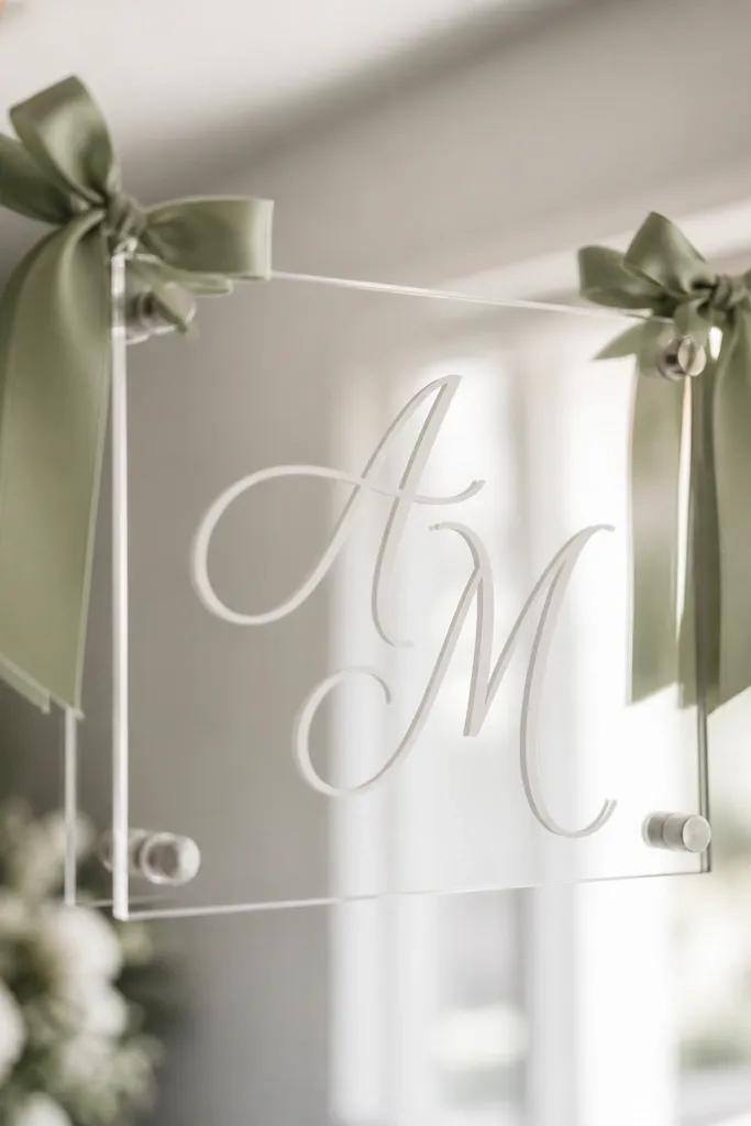 A clear acrylic sign attached to a mirror, with engraved-style names in a frosted look, plus a sage ribbon tied around the mounting points.