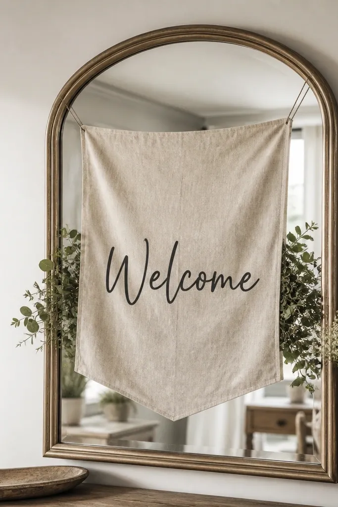 A mirror with a linen fabric banner inside the frame, sun-washed beige, with 'Welcome' in black lettering centered, and light greenery tucked behind the banner edges.