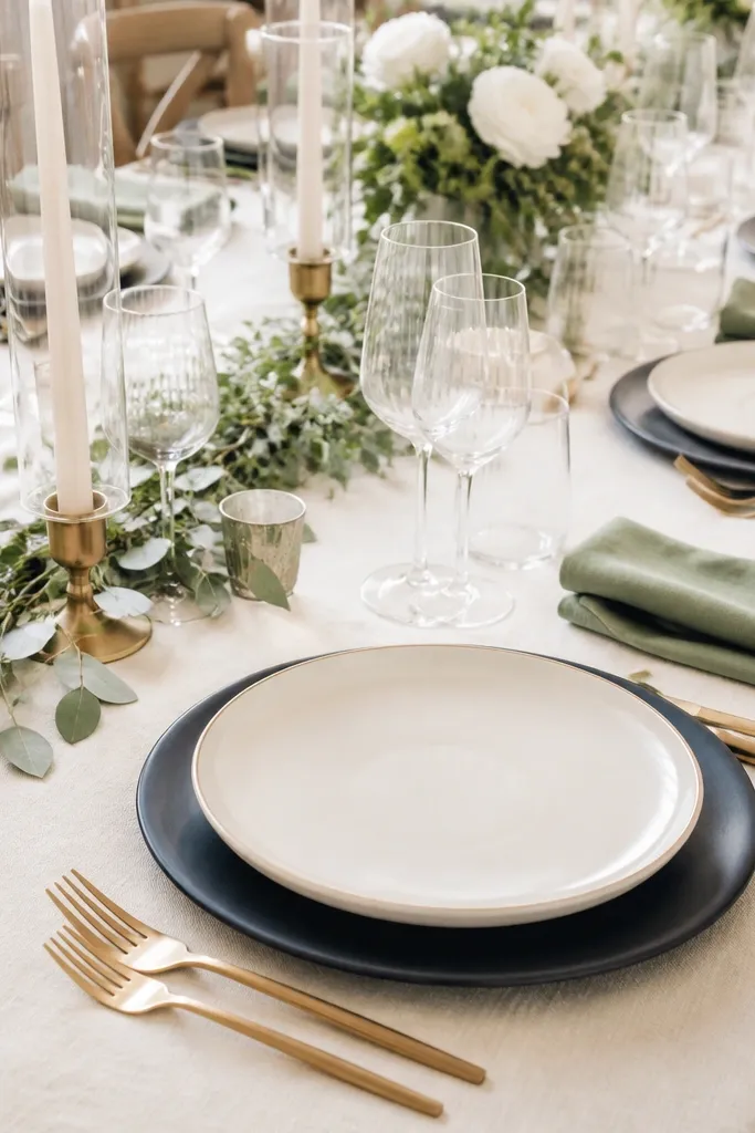 A long wedding table set with navy round chargers in a matte finish under bright warm-white dinner plates. The plates have a subtle cream rim. Flatware is brushed gold, and the napkins are folded in sage-green linen beside each plate.
