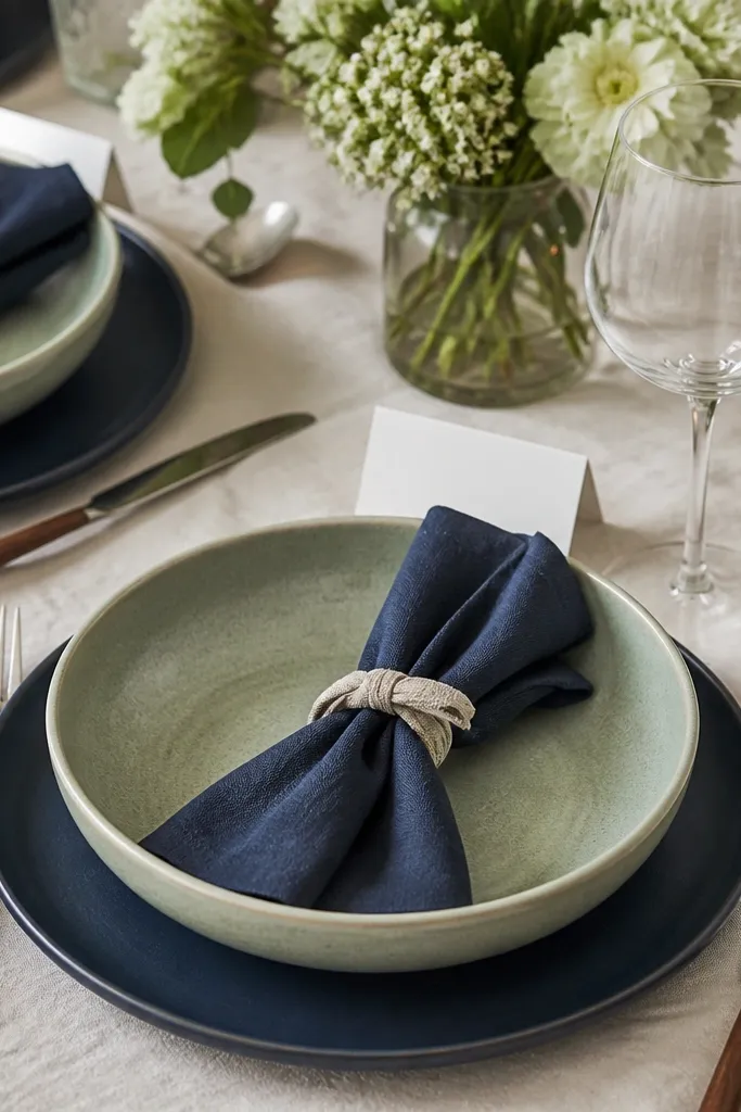 Sage-green ceramic bowls sit on top of navy chargers. Each napkin is navy with a fabric tie holding it closed, tied in a small knot. Place cards are white with navy text.