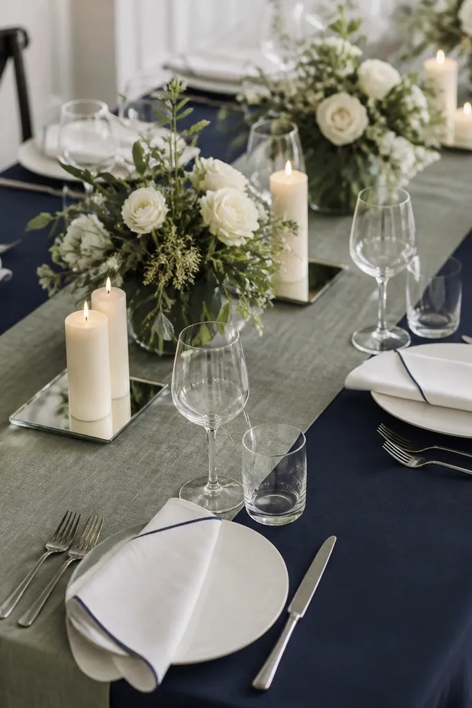A navy tablecloth covers the whole table, with sage overlay panels running down the center. The overlay is a textured linen. Napkins are white with a navy edge trim, and candles are placed on small mirrored trays.