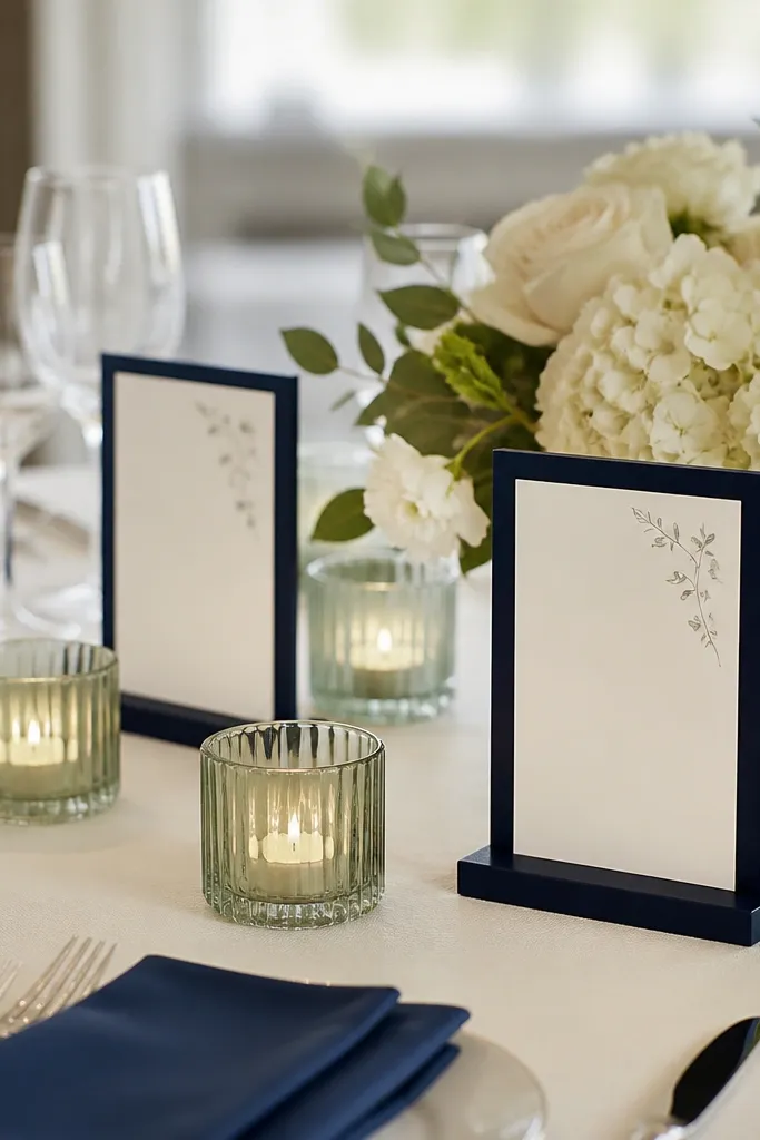 Clear sage-green glass votives glow on the table. Navy acrylic menu holders stand behind the votives, each with a small white menu card. The table has ivory linens with navy napkins.