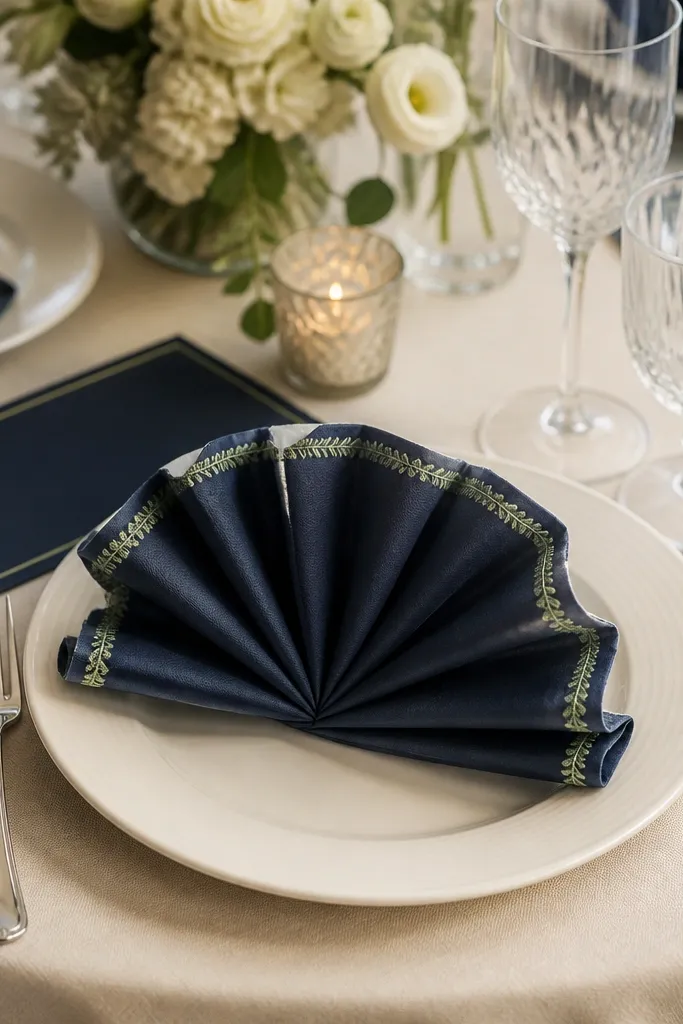 Navy napkins folded into a fan shape show a thin sage embroidered border. Each napkin fans out toward the center of the plate. The table has cream plates and navy menus with sage accents.