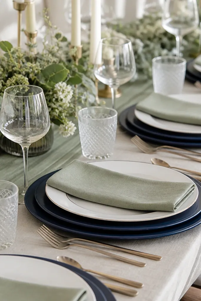 A sage runner sits under stacked chargers. Each place setting has a navy charger with a second thin navy rim plate beneath the main plate. Sage napkins are folded and placed on top of the charger.