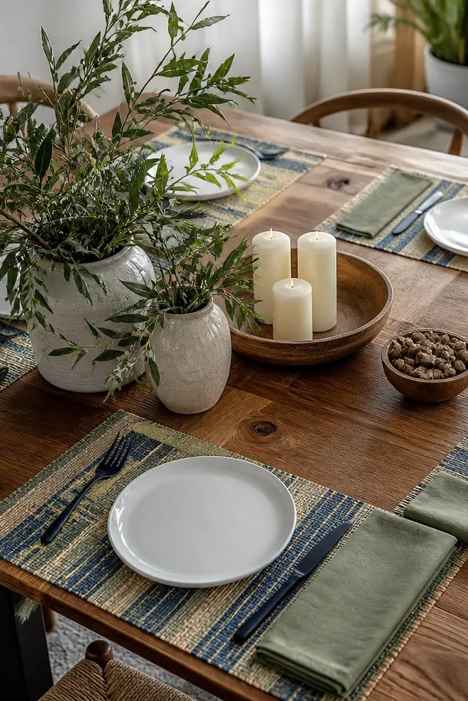 Each seat has a woven place mat with alternating sage and navy stripes. White plates sit centered on top. Navy cutlery rests on either side, and sage napkins are folded into a classic rectangle.
